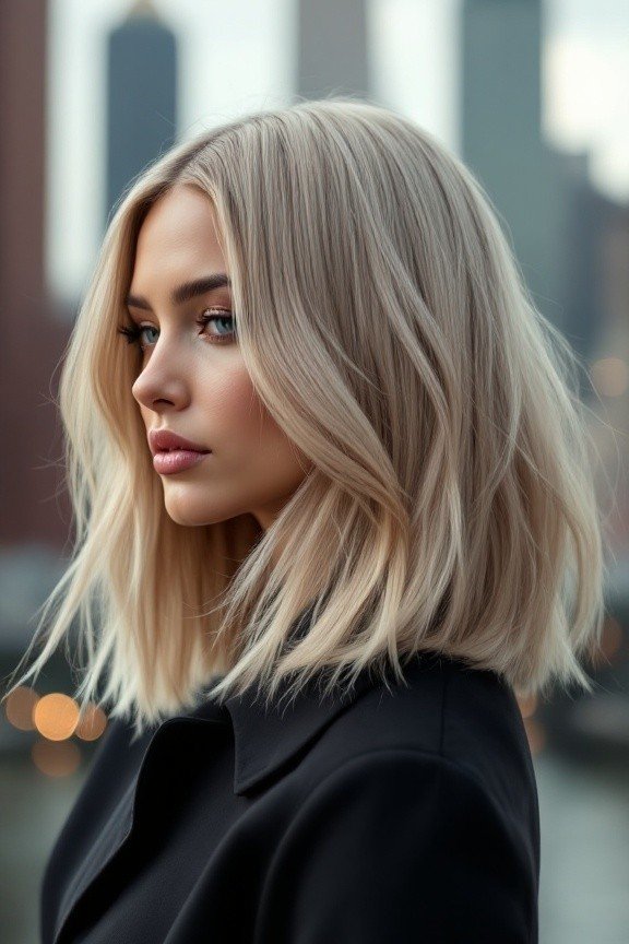 Sleek Layered Blonde Lob with Center Part