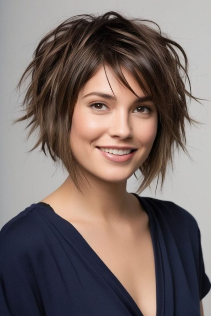 Sleek Layered Brunette Bob with Side Swept Bangs