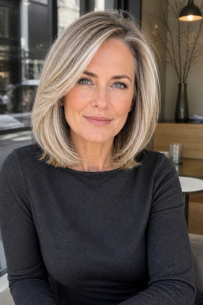 Sleek Layered Lob with Deep Side Part and Soft Waves