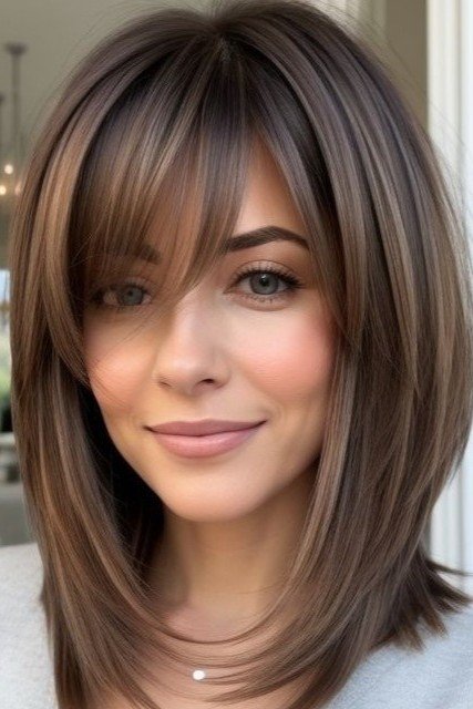 Sleek Layered Lob with Side-Swept Bangs