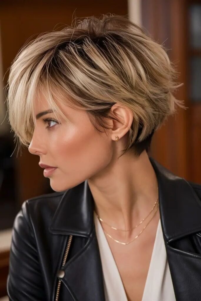 Sleek Layered Pixie Bob with Side-Swept Bangs