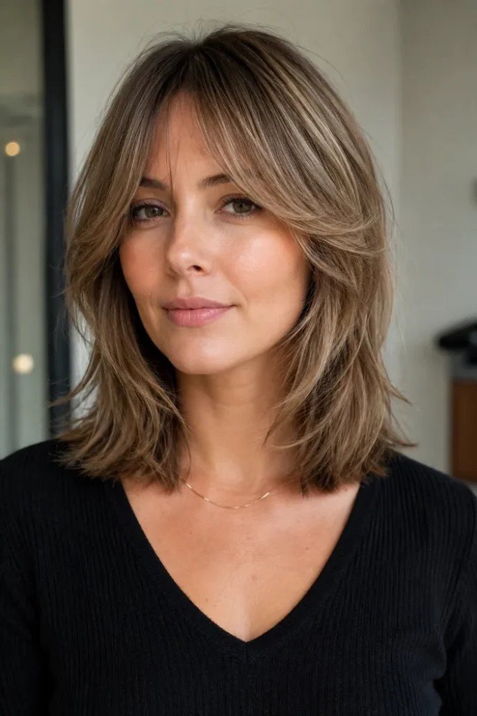 Sleek Medium Layered Hair with Curtain Bangs