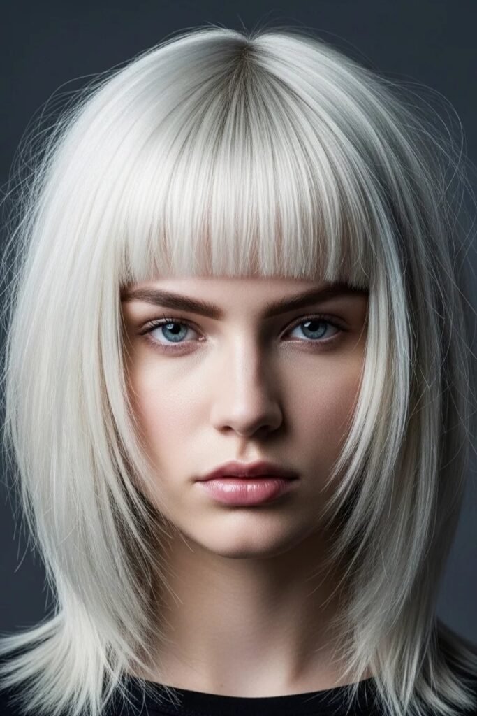 Sleek Platinum Blonde Bob with Blunt Bangs and Face-Framing Layers