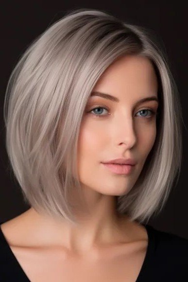 Sleek Rounded Asymmetrical Bob with Ash Blonde Tones