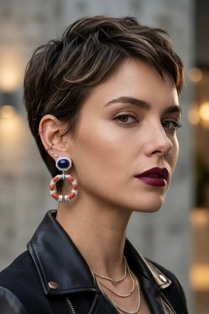 Sleek Short Crop with Layered Crown and Dark Hair