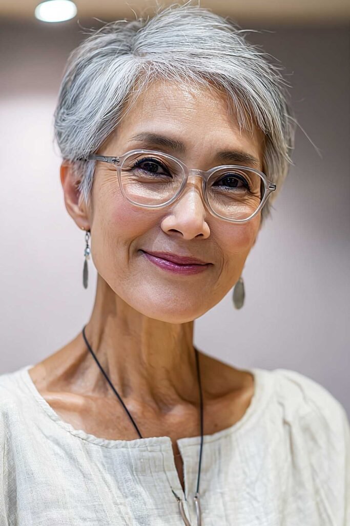Sleek Short Silver Crop with Side-Swept Bangs