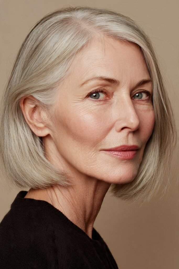 Sleek Silver Bob with Deep Side Part