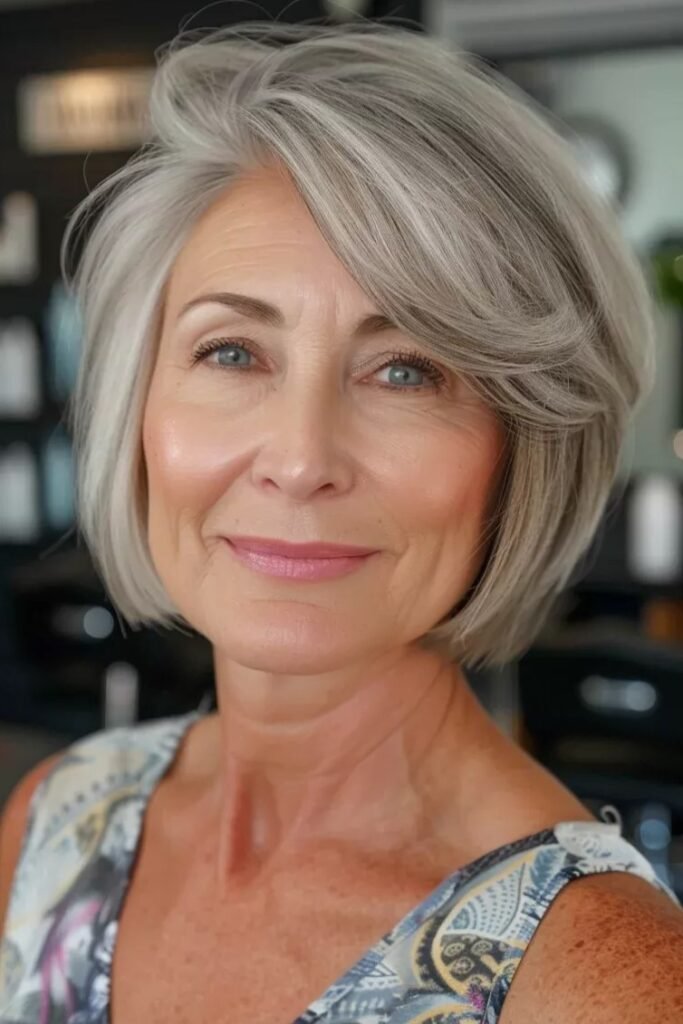 Sleek Silver Bob with Deep Side Part and Soft Volume