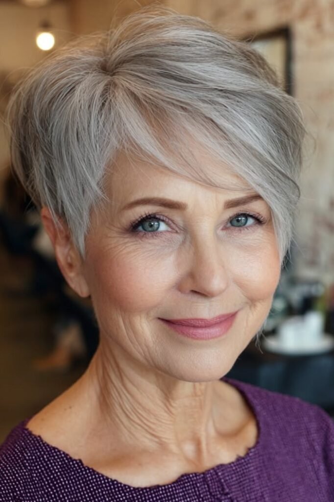 Sleek Silver Gray Pixie Cut with Side-Swept Fringe