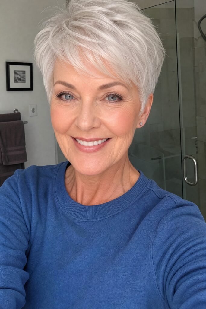 Sleek Silver Pixie Crop with Side Part