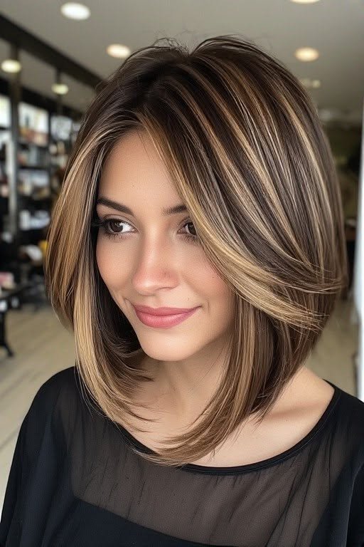 Sleek Stacked Bob with Caramel and Blonde Highlights