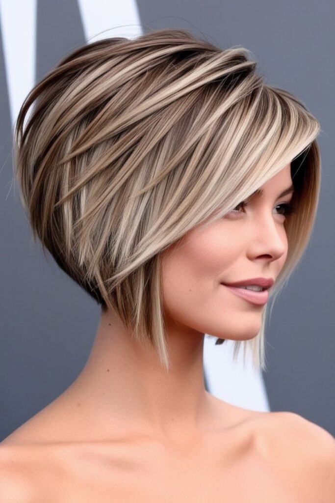 Sleek Straight Blonde and Brown Striped Stacked Bob