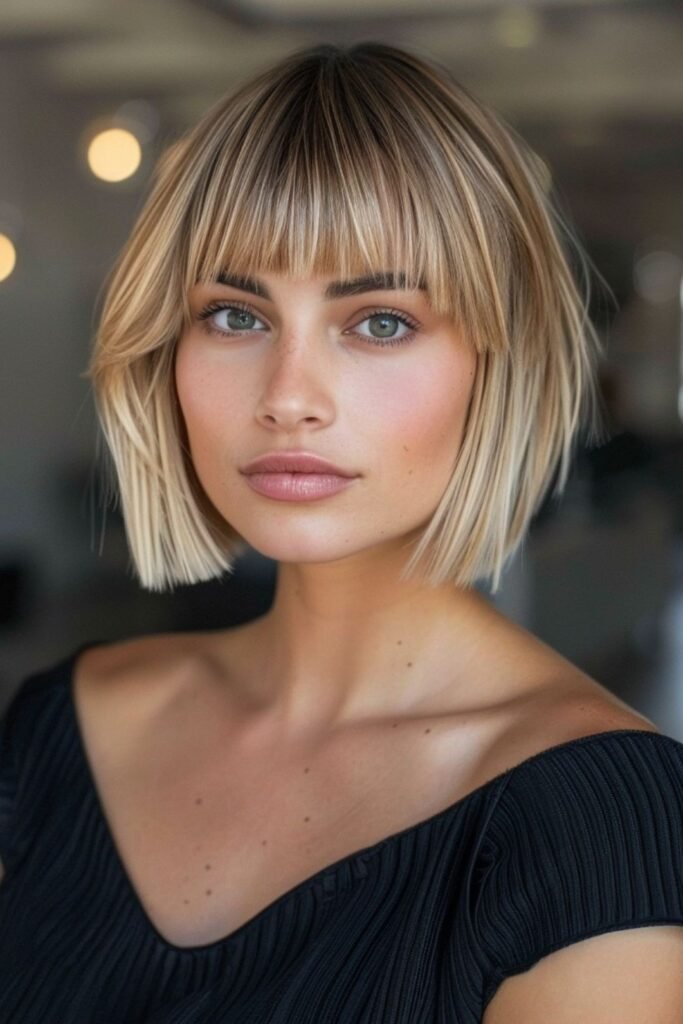 Sleek Straight Bob with Blunt Bangs and Face-Framing Layers