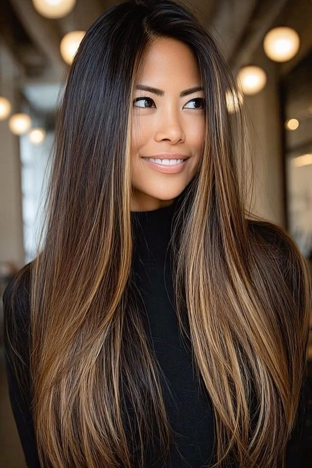 Sleek Straight Hair with Face-Framing Highlights