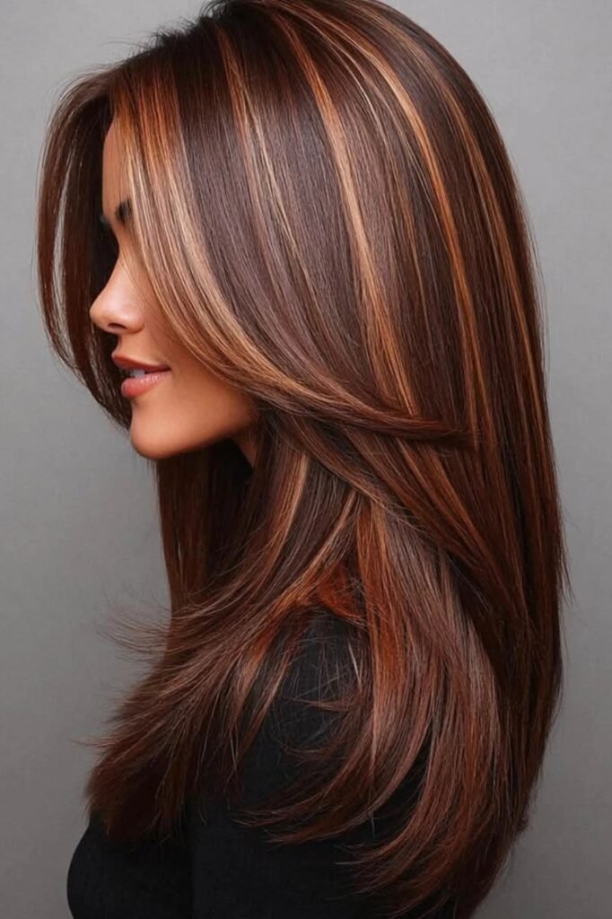 Sleek Straight Layered Hair with Chunky Highlights and Face-Framing Layers