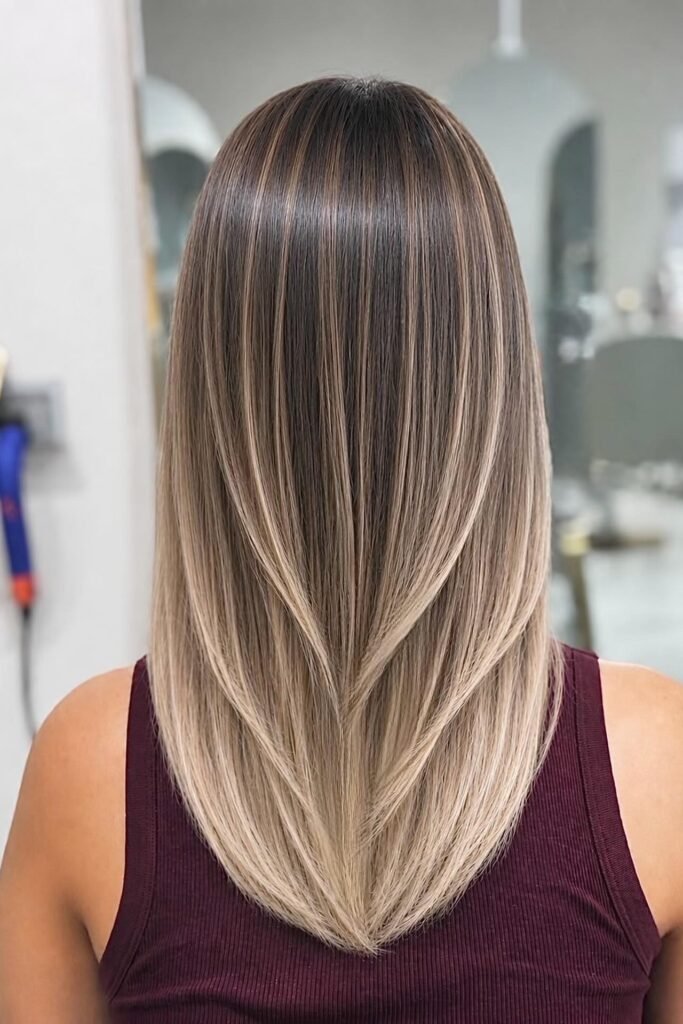 Sleek V-Cut Hair with Subtle Balayage and Root Melt