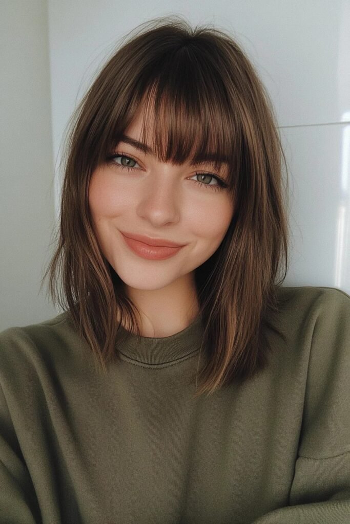 Smooth Medium-Length Bob with Straight Bangs and Natural Brown Tones