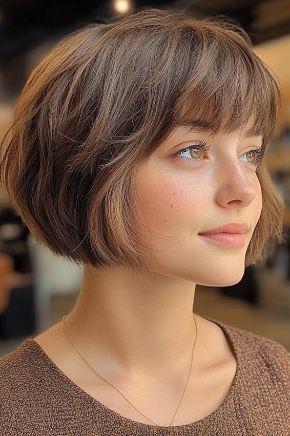 Soft Layered Bob with Curled Ends and Bangs