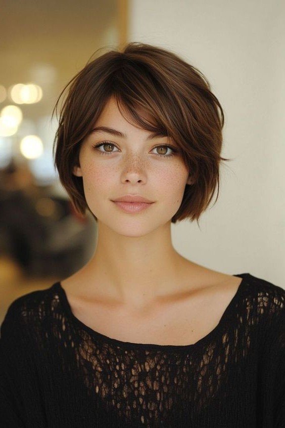 Soft Layered Brown Bob with Side-Swept Bangs