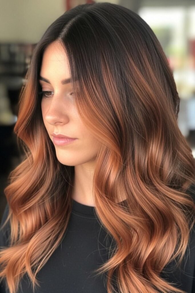 Soft Layered Hair with Dimensional Copper and Brown Balayage