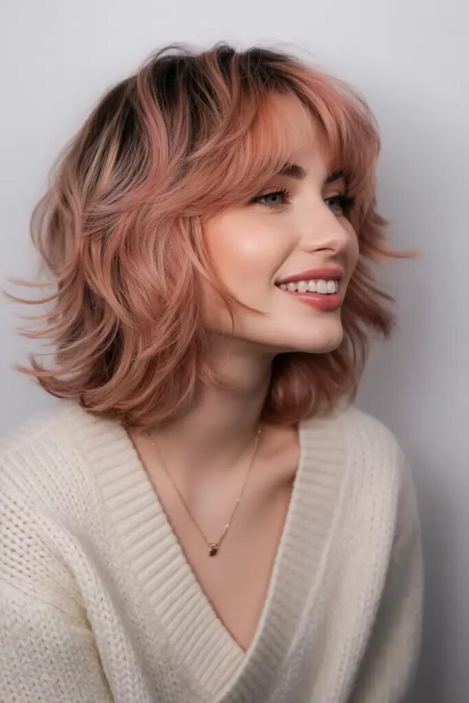 Soft Pink Layered Shag with Dark Roots