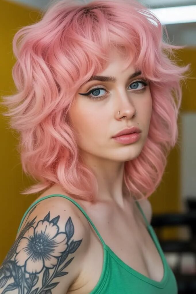 Soft Pink Textured Shag with Layered Waves