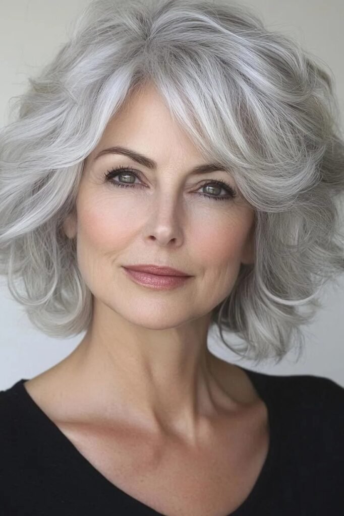 Soft Silver Bob with Sweeping Waves and Side-Parted Volume