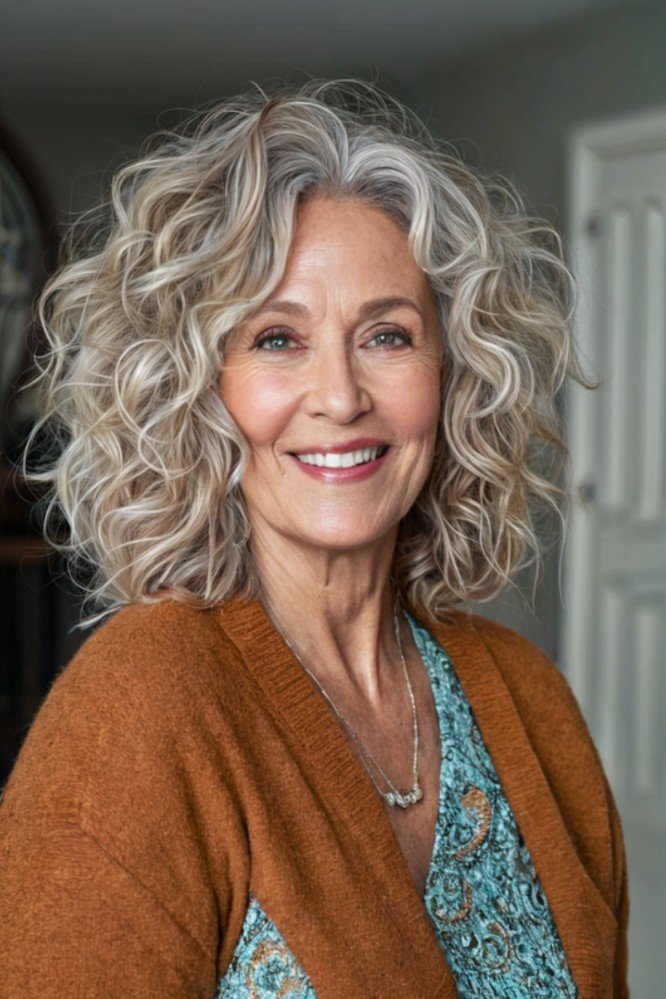 Soft Silver Curly Bob with Deep Side Part