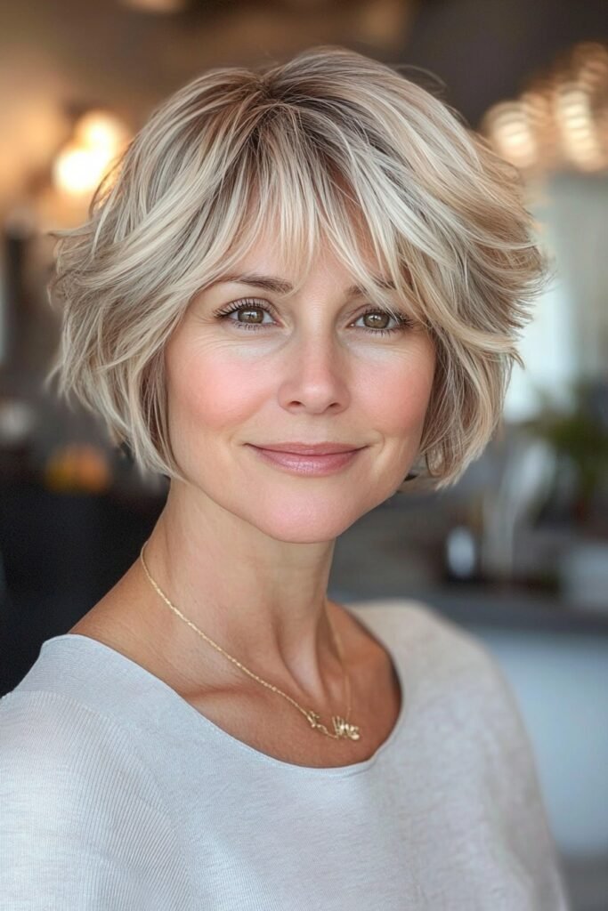 Soft Wavy Blonde Bob with Wispy Curtain Bangs