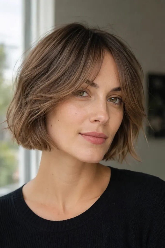 Soft Wavy Bob with Center Part and Curtain Bangs