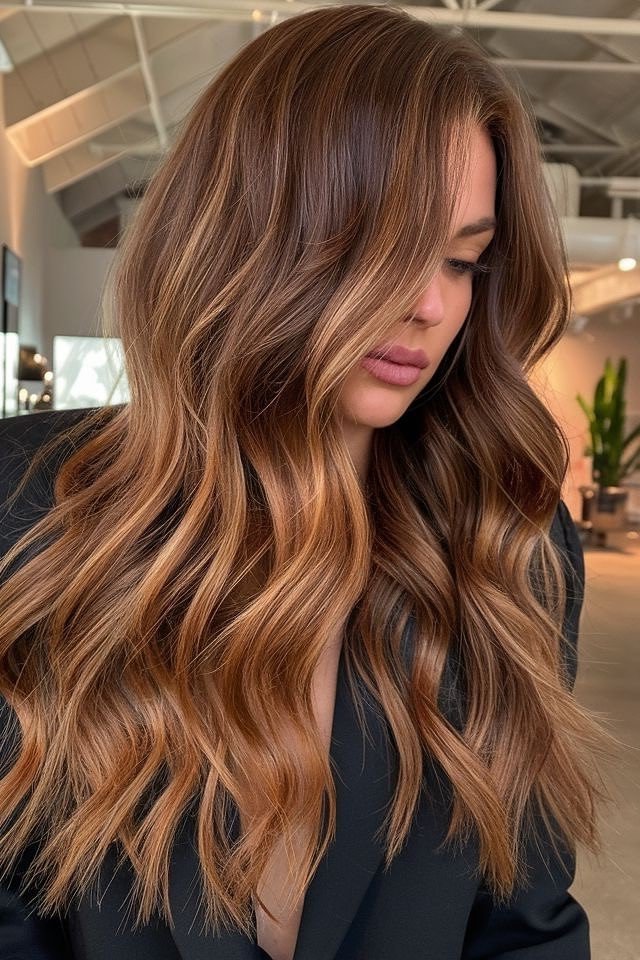 Soft Wavy Hair with Face-Framing Copper Highlights