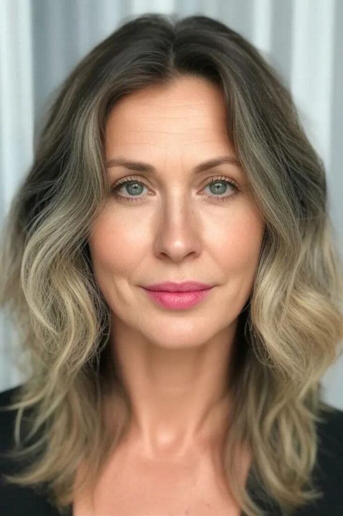 Soft Wavy Lob with Center Parting and Ombre Tones