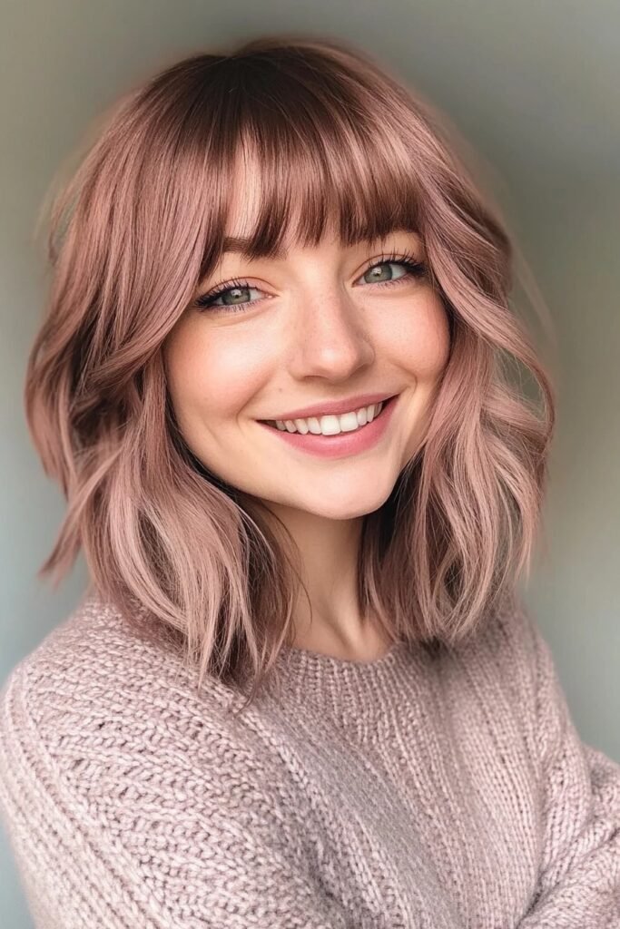 Soft Wavy Lob with Face-Framing Curtain Bangs in Dusty Rose Hue