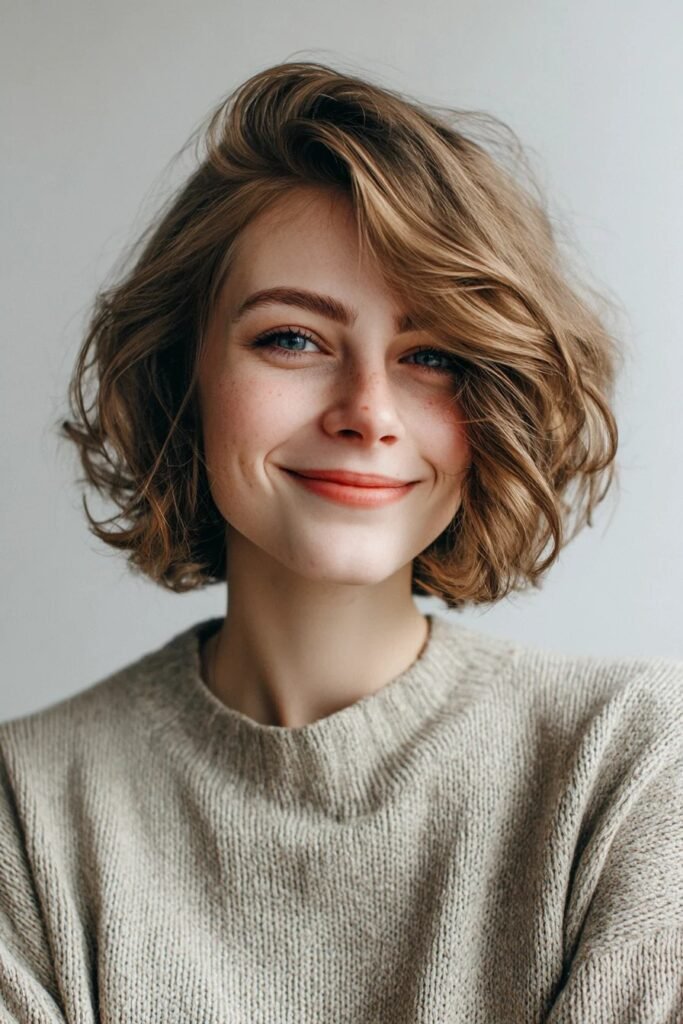 Soft Wavy Short Bob with Side Swept Fringe