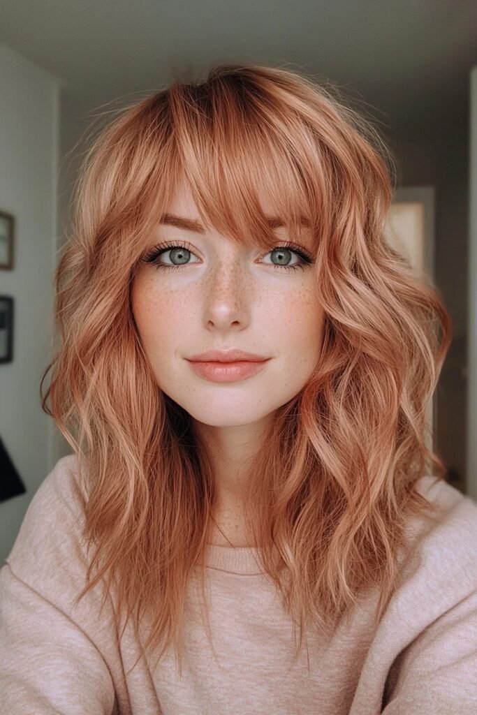Soft Wavy Strawberry Blonde Hair with Side-Swept Bangs