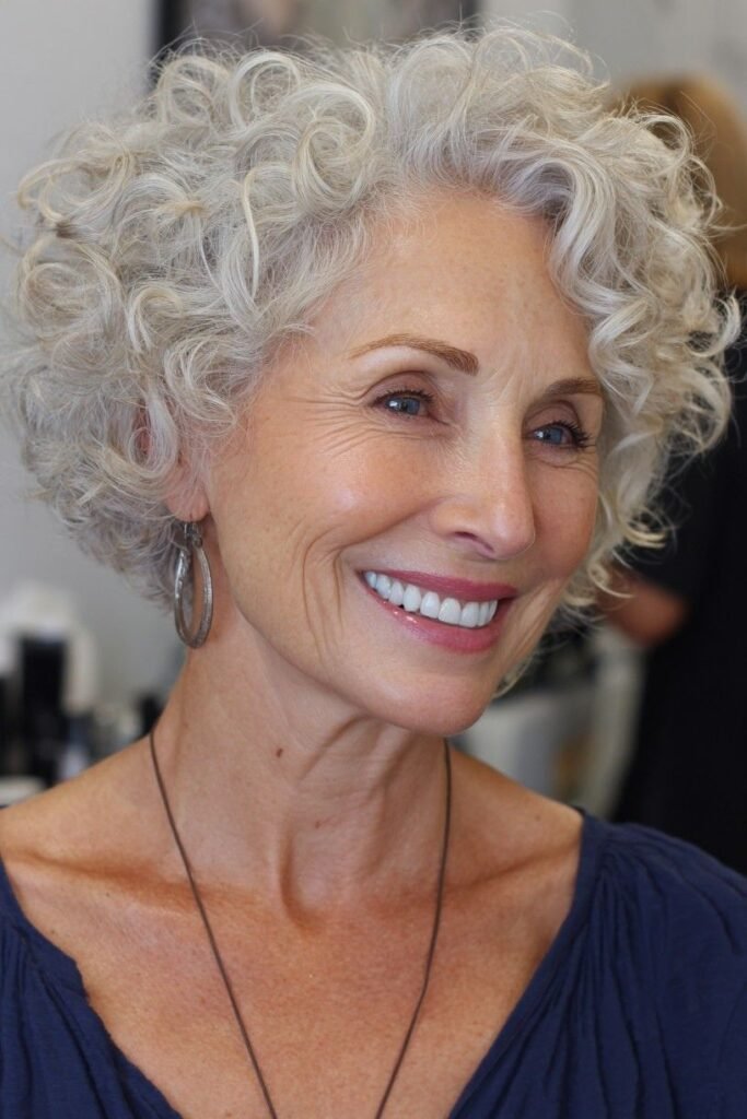 Soft White and Silver Curly Bob