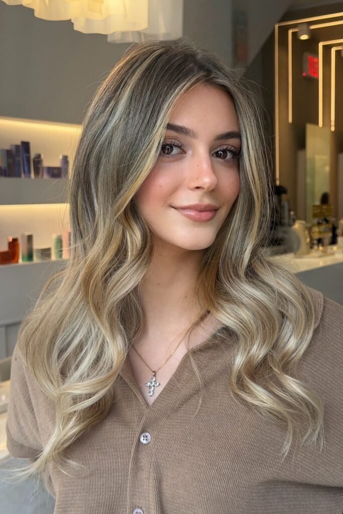 Softly Waved Brown Hair with Subtle Blonde Highlights