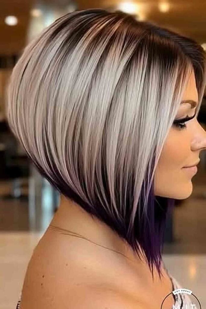 Stacked Angled Bob with Silver-Blonde and Purple Ombre