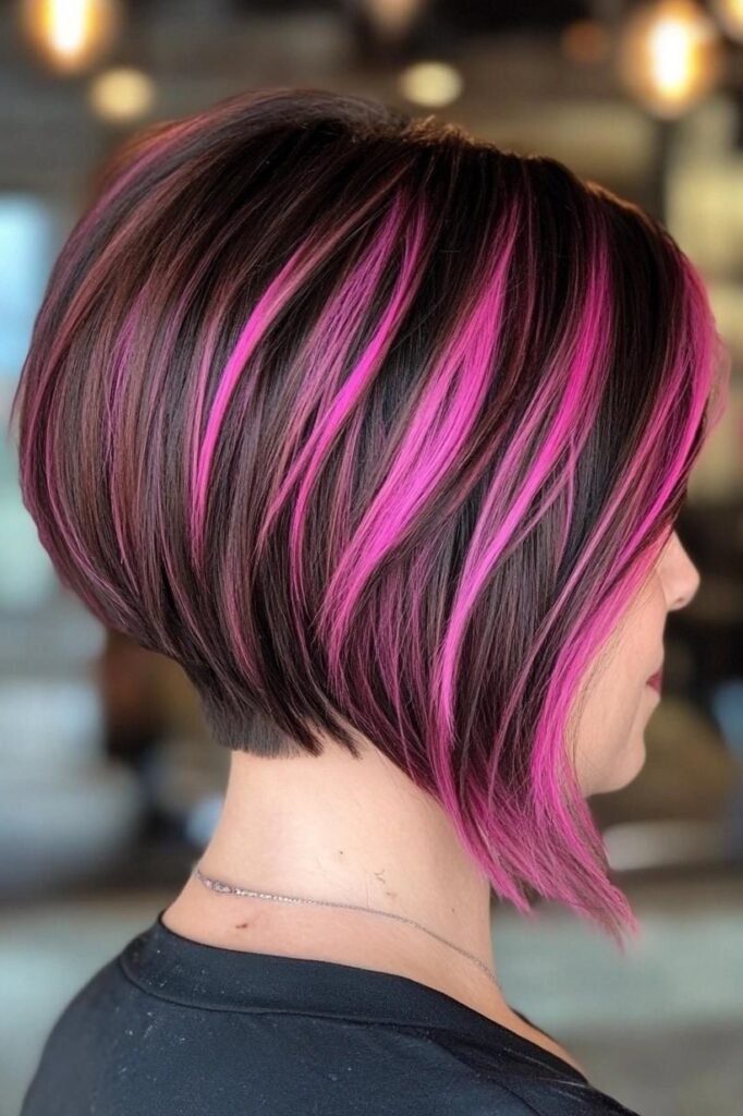 Stacked Angled Bob with Vibrant Pink Highlights