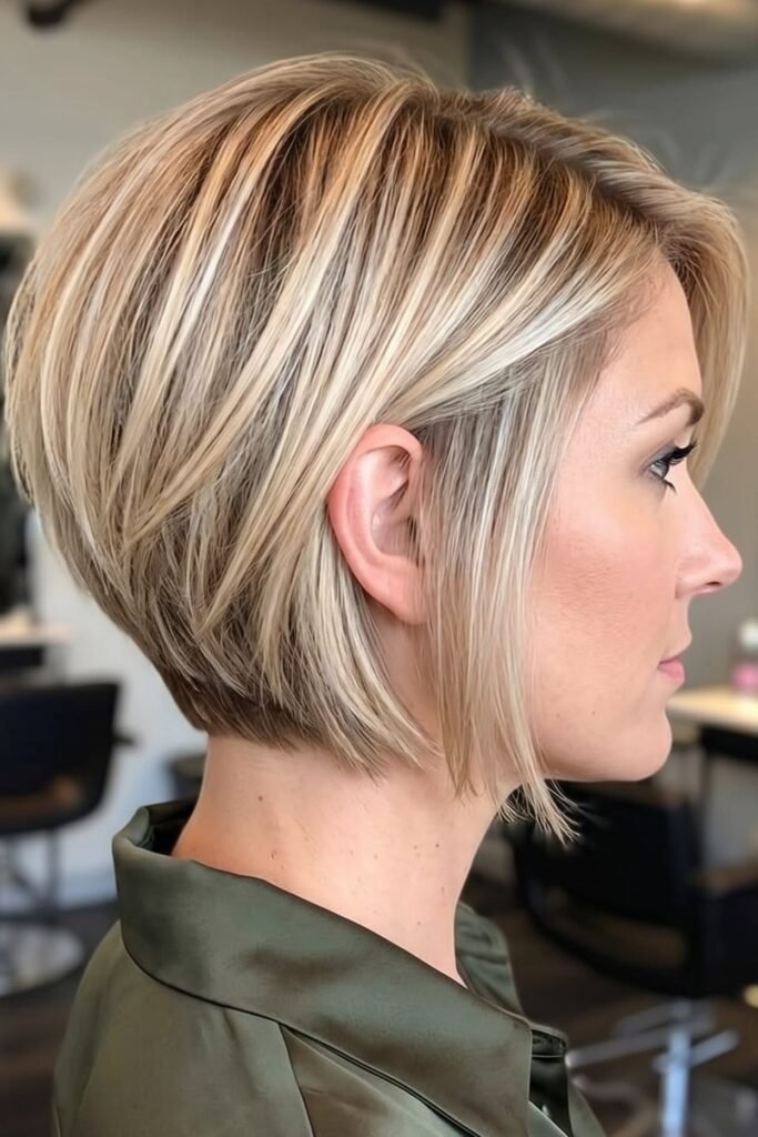 Stacked Blonde Bob with Tucked Layer and Side Piece