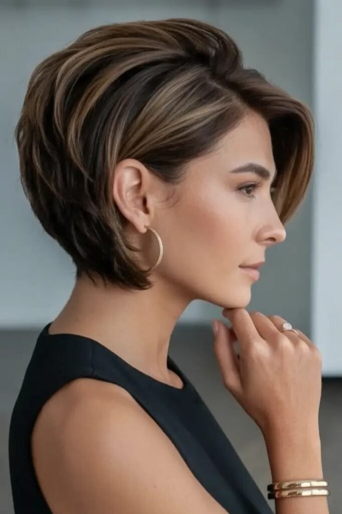 Stacked Bob with Volume and Caramel Highlights