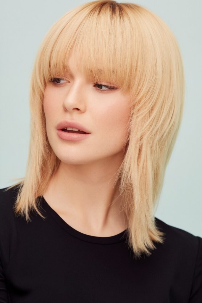 Straight Blonde Lob with Full Bangs