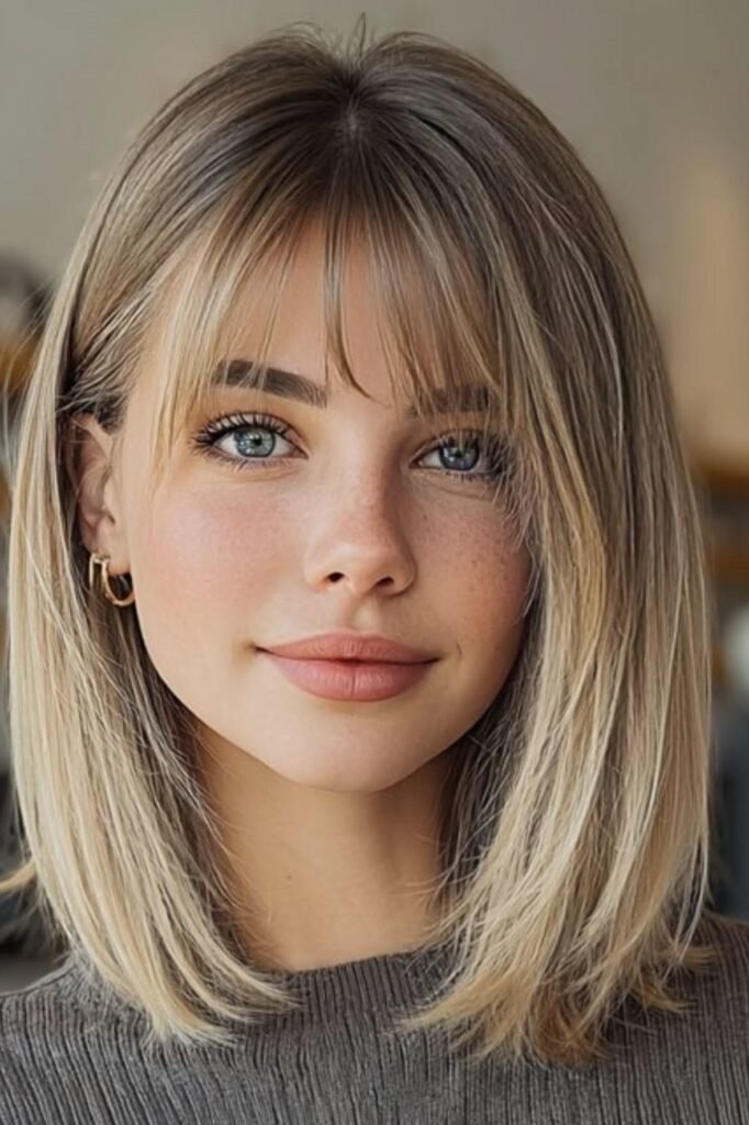 Straight Blonde Lob with Wispy Bangs
