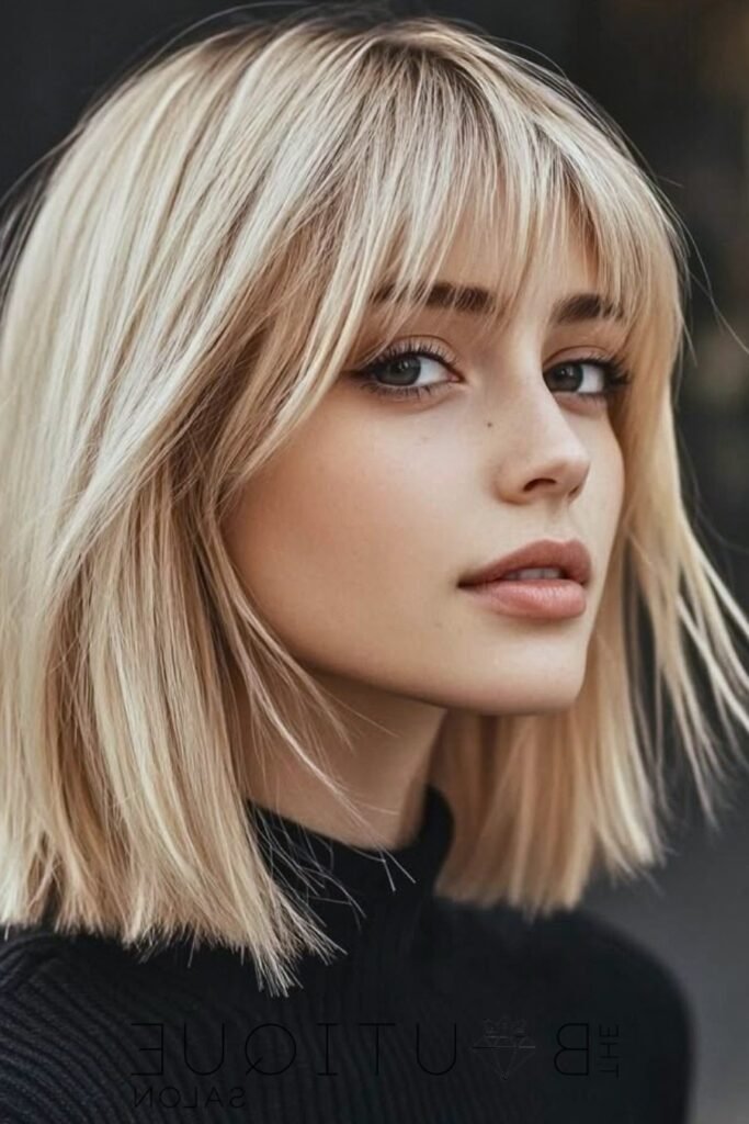 Straight Lob with Blunt Bangs and Face-Framing Layers
