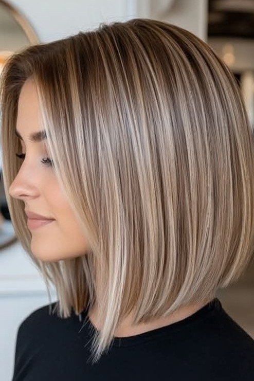 Straight Short Bob with Fine Honey Highlights