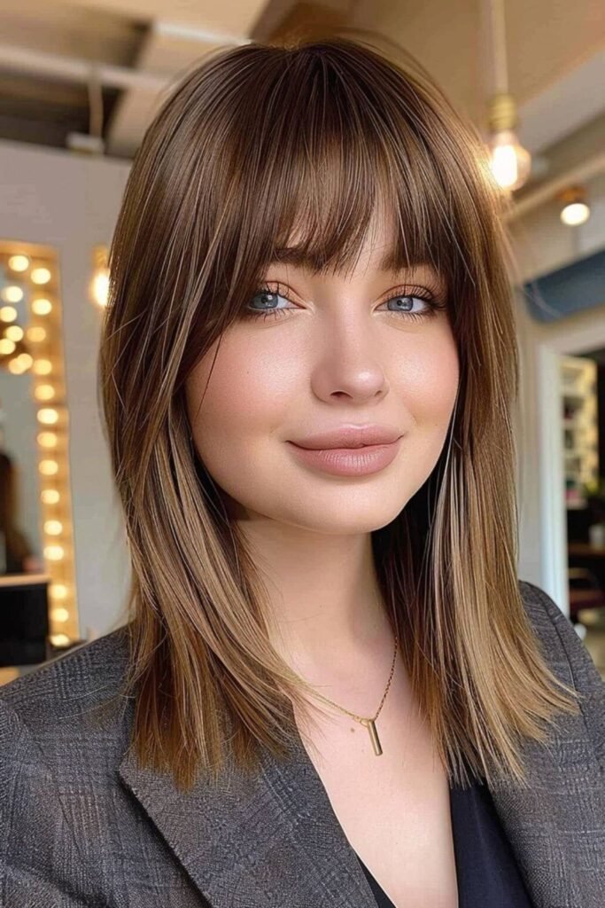 Straight Shoulder-Length Hair with Subtle Highlights and Blunt Bangs