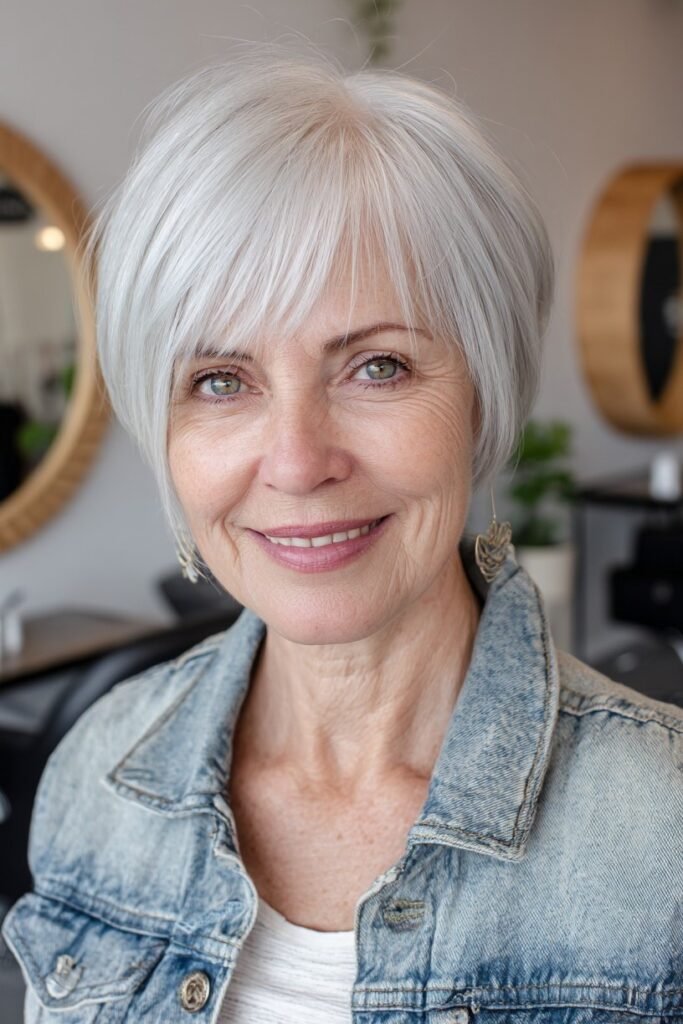 Structured Silver Bob with Side-Swept Bangs