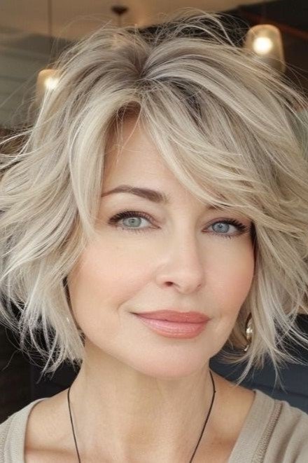 Textured Ash Blonde Bob with Side-Swept Bangs