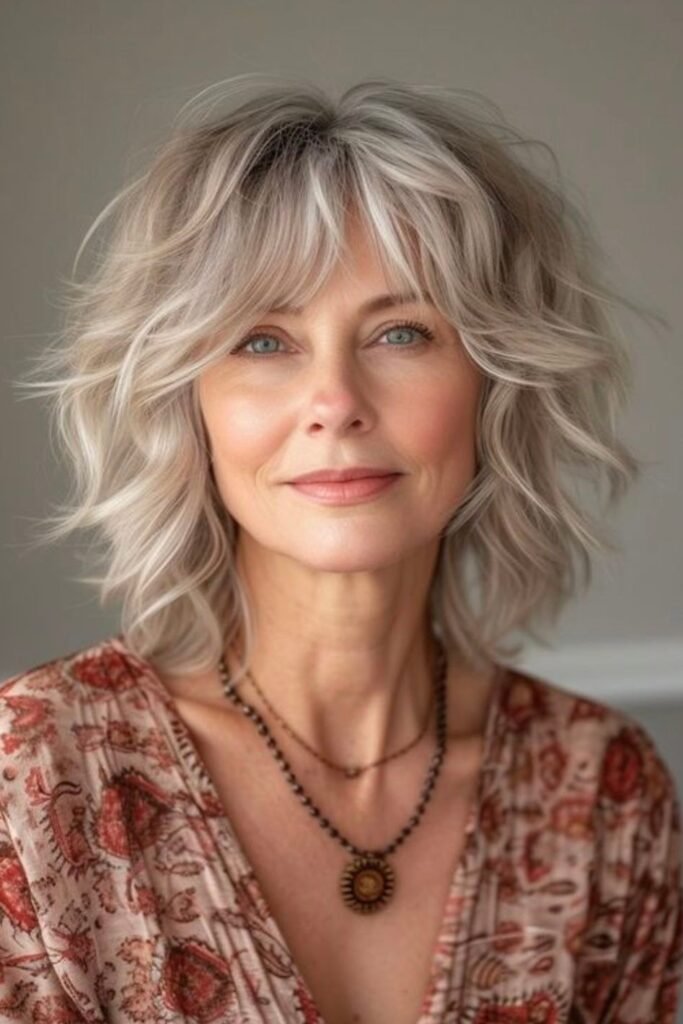 Textured Ash-Blonde Bob with Soft Waves and Curtain Bangs