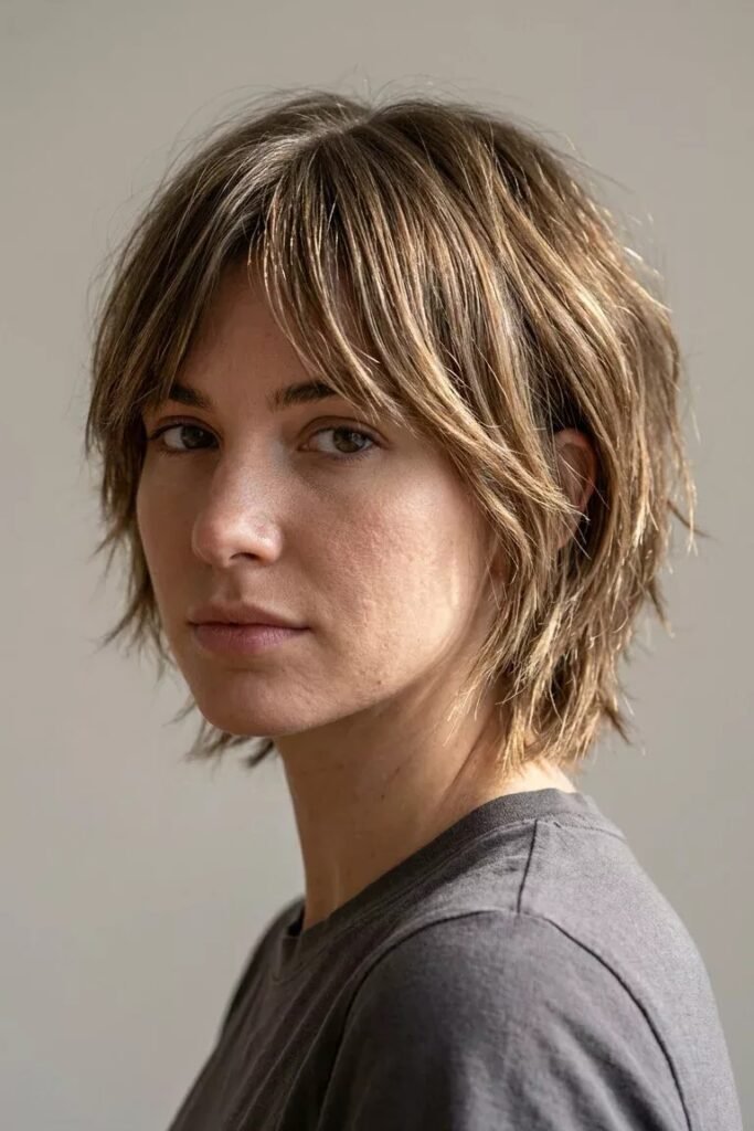 Textured Ash-Blonde Layered Bob with Piece-Y Bangs